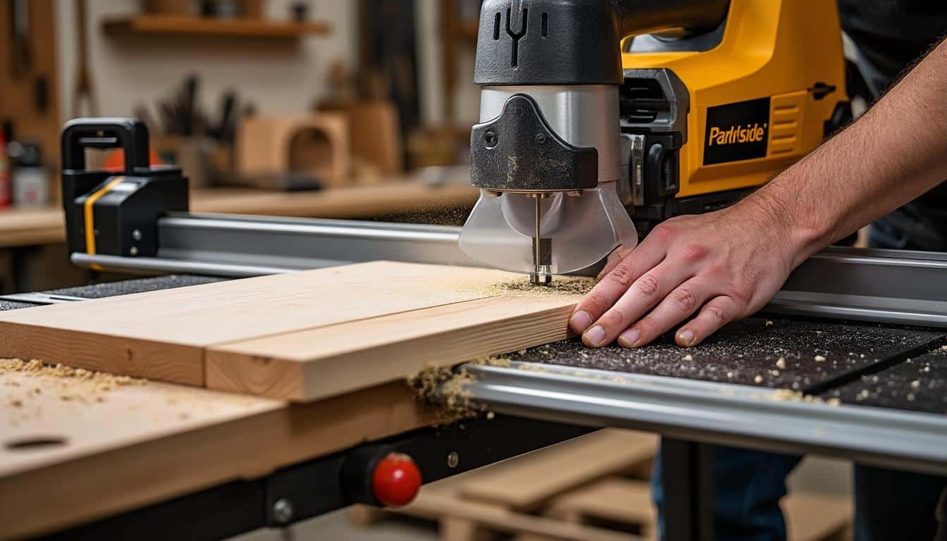 Illustration: Les caractéristiques techniques clés de la scie plongeante avec rail Parkside PTSS 1200